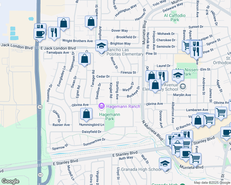map of restaurants, bars, coffee shops, grocery stores, and more near 552 Kinglet Road in Livermore