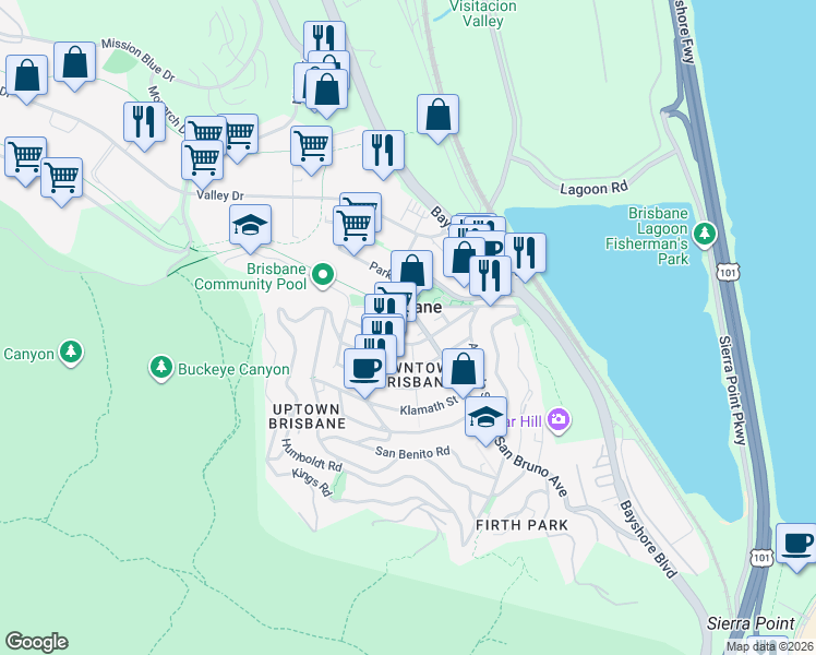 map of restaurants, bars, coffee shops, grocery stores, and more near in Brisbane