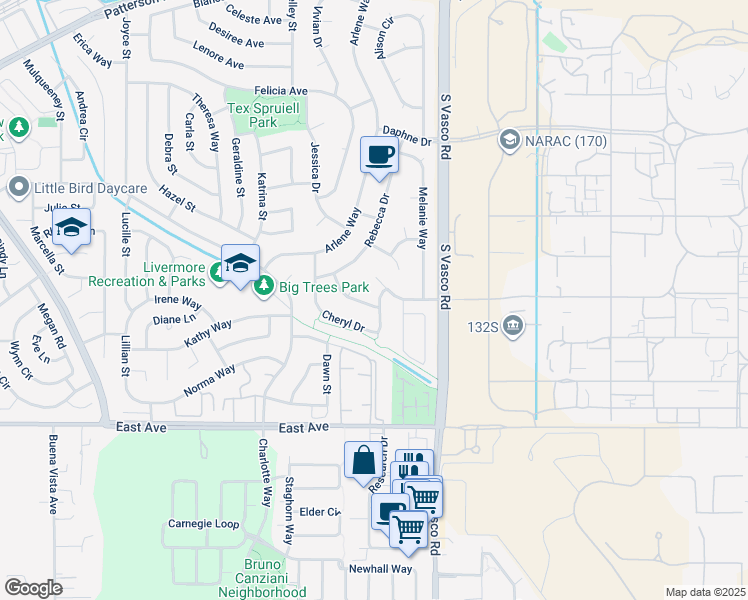 map of restaurants, bars, coffee shops, grocery stores, and more near 1762 Cheryl Drive in Livermore
