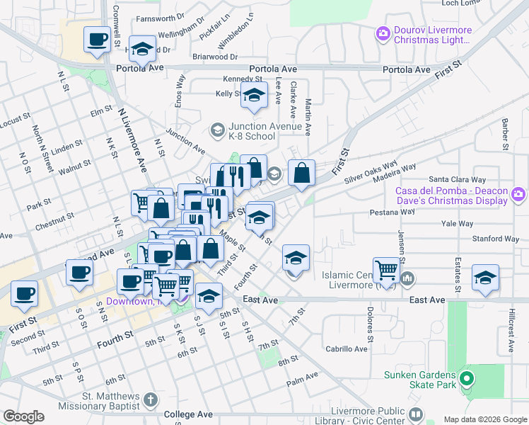 map of restaurants, bars, coffee shops, grocery stores, and more near 1505 First Street in Livermore