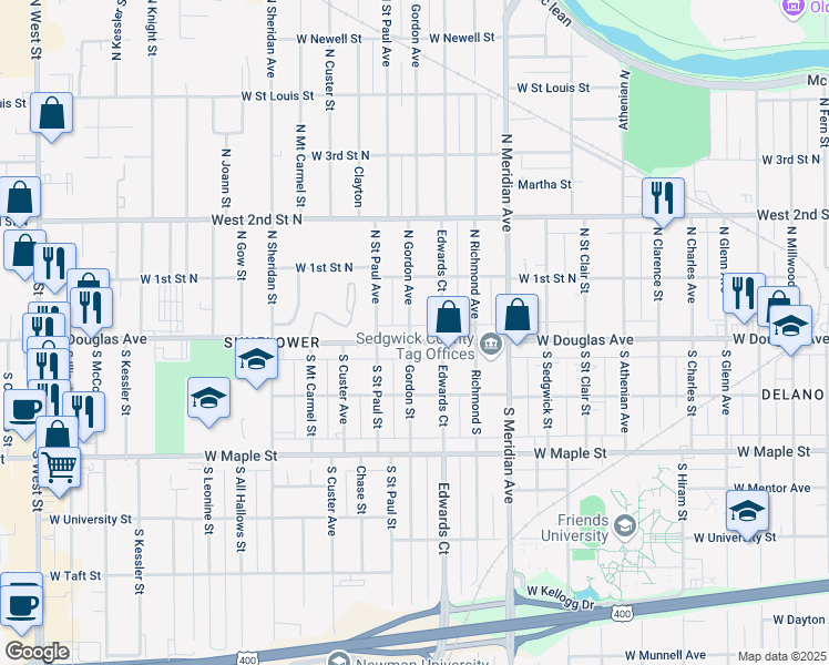 map of restaurants, bars, coffee shops, grocery stores, and more near 117 North Gordon Street in Wichita