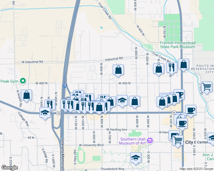 map of restaurants, bars, coffee shops, grocery stores, and more near 711 West 400 North in Cedar City