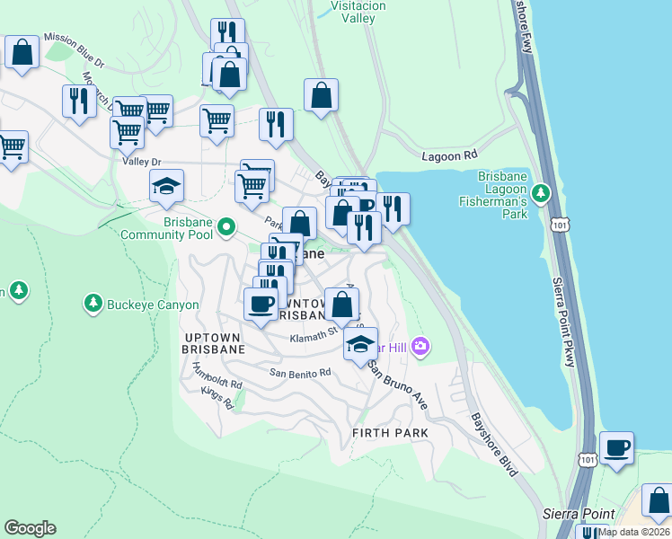map of restaurants, bars, coffee shops, grocery stores, and more near 55 Mariposa Street in Brisbane