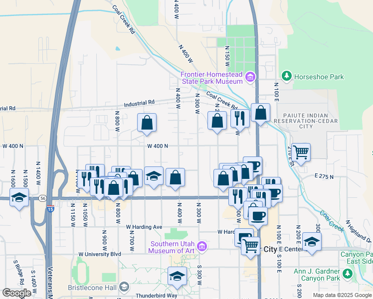 map of restaurants, bars, coffee shops, grocery stores, and more near 414 North 400 West in Cedar City