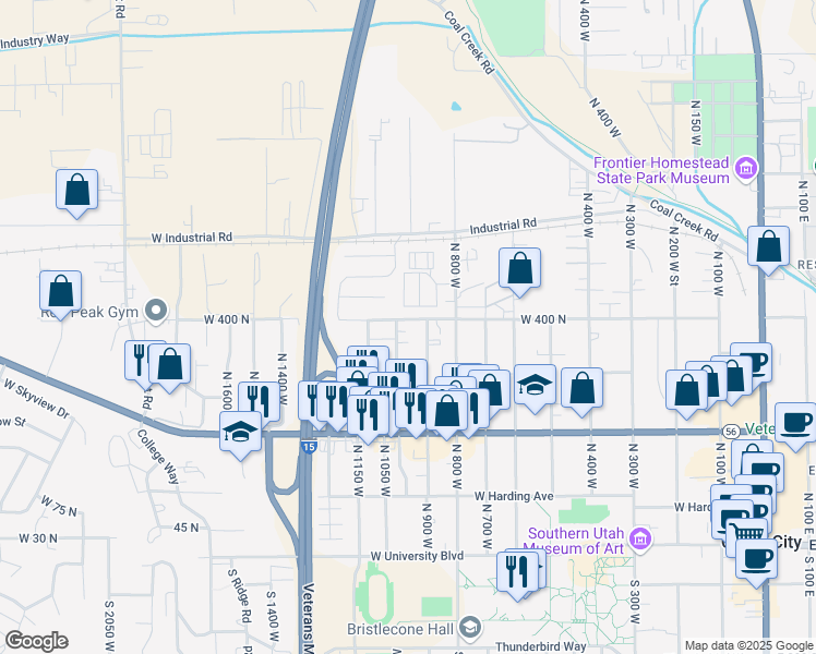 map of restaurants, bars, coffee shops, grocery stores, and more near 955 West 400 North in Cedar City