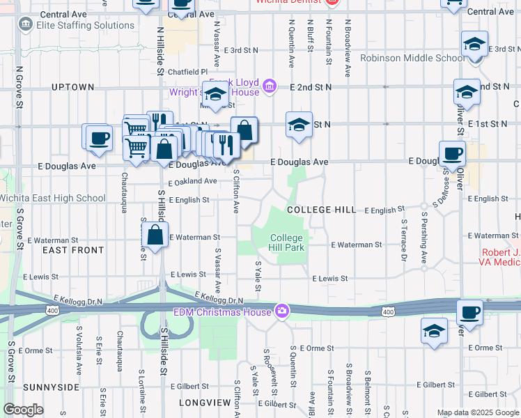map of restaurants, bars, coffee shops, grocery stores, and more near 304 South Circle Drive in Wichita