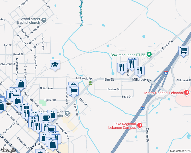 map of restaurants, bars, coffee shops, grocery stores, and more near 1001 Millcreek Road in Lebanon