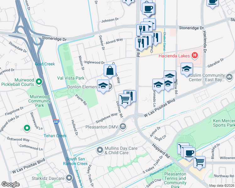 map of restaurants, bars, coffee shops, grocery stores, and more near 4127 Dorman Road in Pleasanton