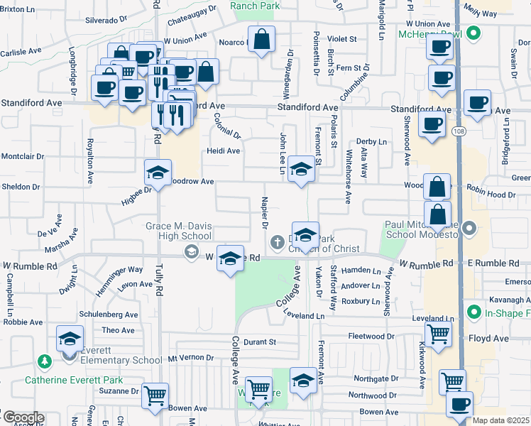 map of restaurants, bars, coffee shops, grocery stores, and more near 900 Annapolis Avenue in Modesto