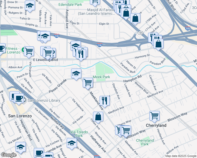 map of restaurants, bars, coffee shops, grocery stores, and more near 240 Hampton Road in Hayward