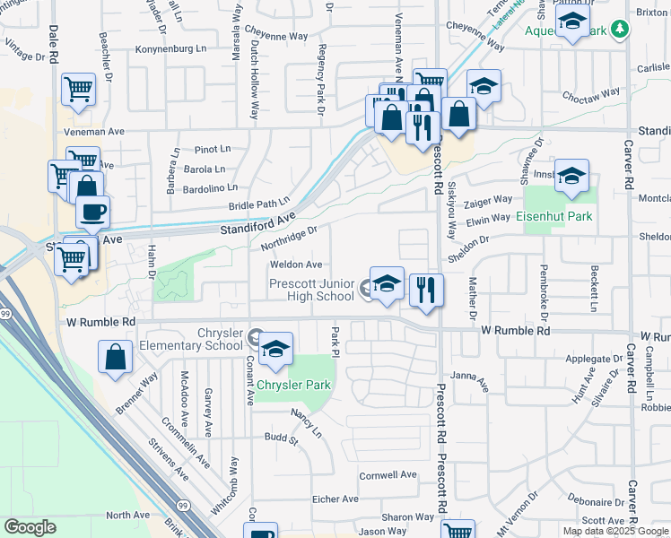 map of restaurants, bars, coffee shops, grocery stores, and more near 3040 Maplenut Avenue in Modesto
