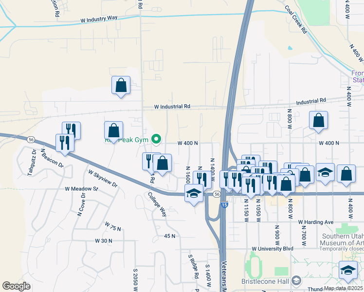 map of restaurants, bars, coffee shops, grocery stores, and more near 1647 West 400 North in Cedar City