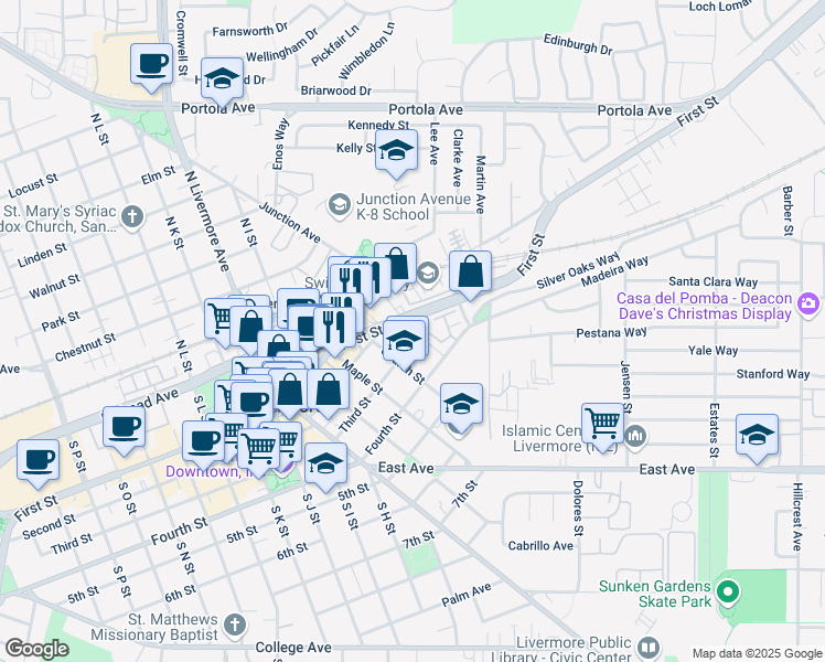 map of restaurants, bars, coffee shops, grocery stores, and more near 212 Wood Street in Livermore