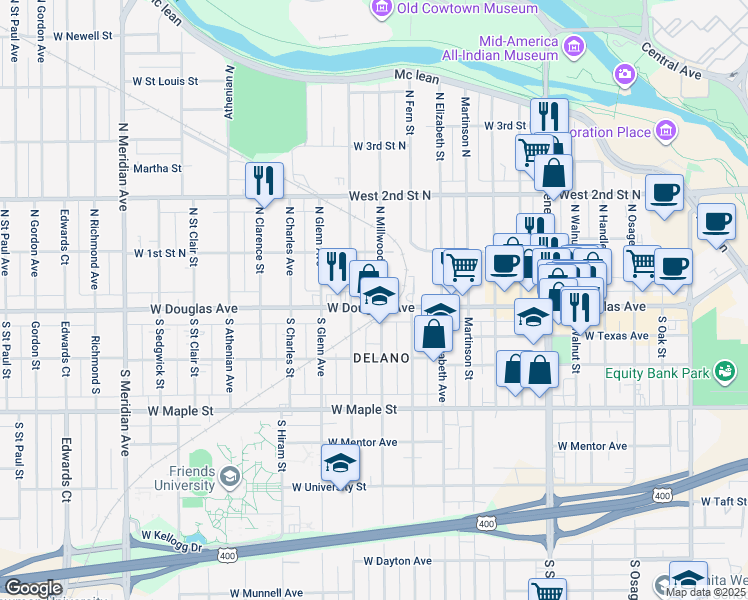map of restaurants, bars, coffee shops, grocery stores, and more near 1704 West Douglas Avenue in Wichita