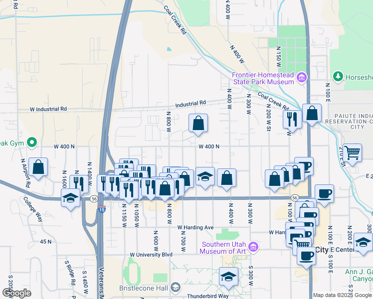 map of restaurants, bars, coffee shops, grocery stores, and more near 718 West 400 North in Cedar City