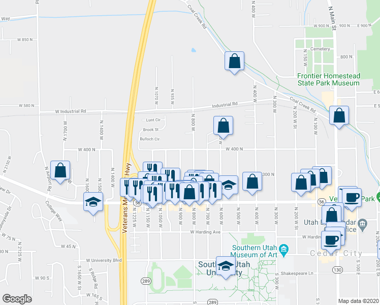 map of restaurants, bars, coffee shops, grocery stores, and more near 844 West 400 North in Cedar City