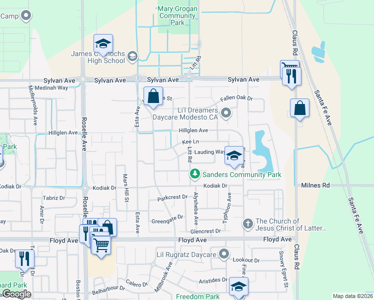 map of restaurants, bars, coffee shops, grocery stores, and more near 3408 Kee Lane in Modesto