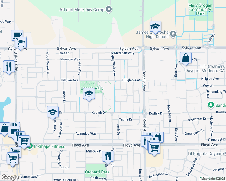 map of restaurants, bars, coffee shops, grocery stores, and more near 3140 Bramham Court in Modesto