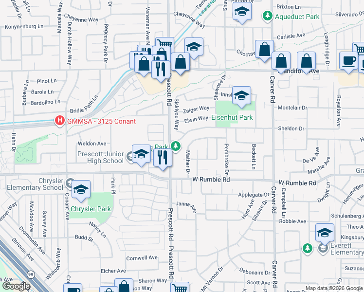 map of restaurants, bars, coffee shops, grocery stores, and more near 2072 Sheldon Drive in Modesto