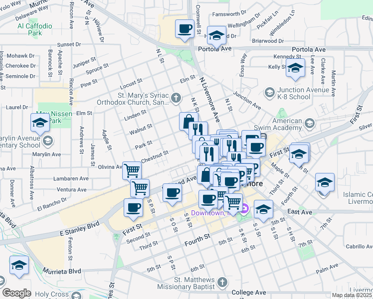 map of restaurants, bars, coffee shops, grocery stores, and more near 1989 Chestnut Street in Livermore