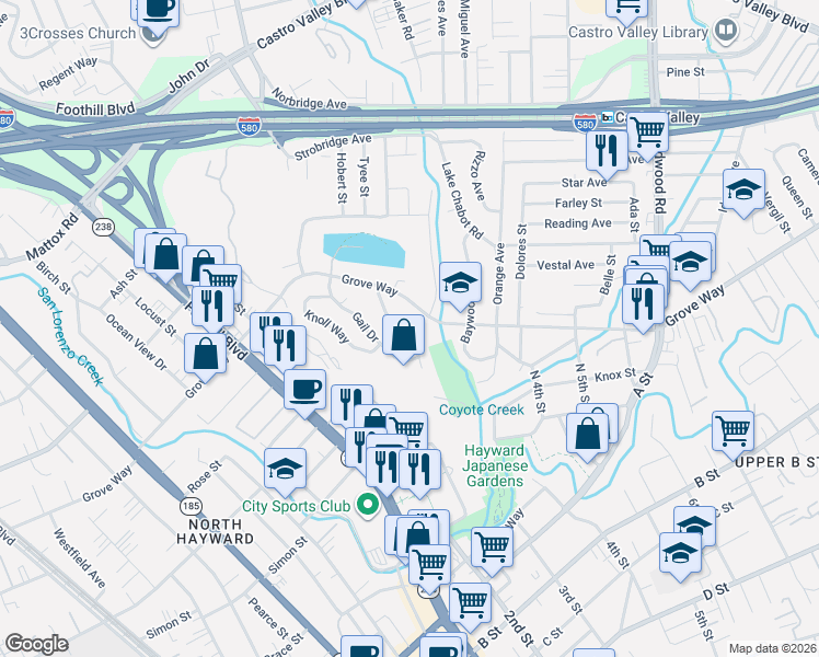 map of restaurants, bars, coffee shops, grocery stores, and more near 21694 ShadySpring Road in Castro Valley