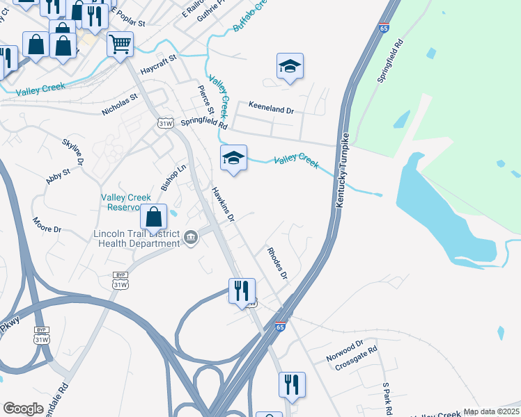 map of restaurants, bars, coffee shops, grocery stores, and more near 104 Murphy Drive in Elizabethtown