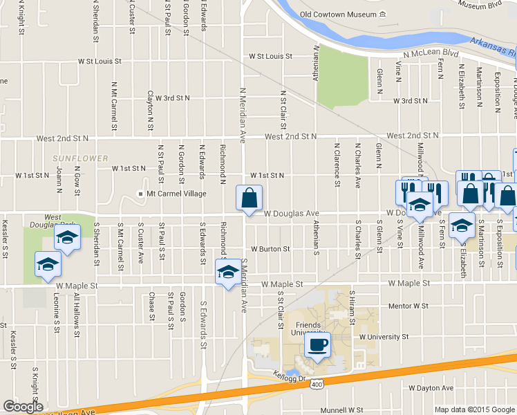 map of restaurants, bars, coffee shops, grocery stores, and more near 118 North Meridian Avenue in Wichita