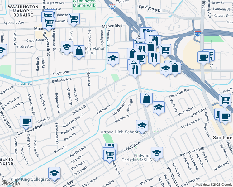 map of restaurants, bars, coffee shops, grocery stores, and more near 840 Woodgate Drive in San Leandro