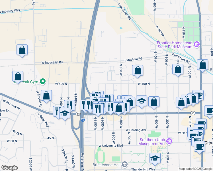 map of restaurants, bars, coffee shops, grocery stores, and more near 987 West 400 North in Cedar City