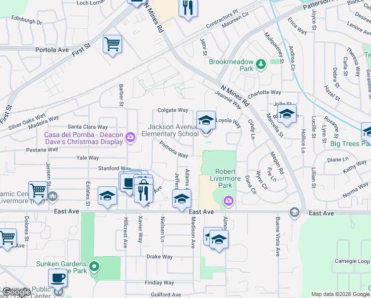map of restaurants, bars, coffee shops, grocery stores, and more near 4378 Davis Way in Livermore