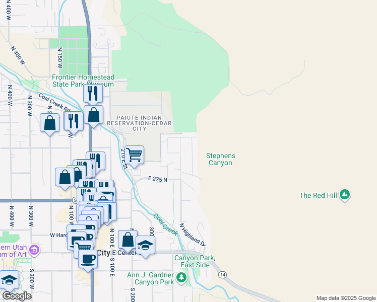 map of restaurants, bars, coffee shops, grocery stores, and more near 377 North Foothill Drive in Cedar City