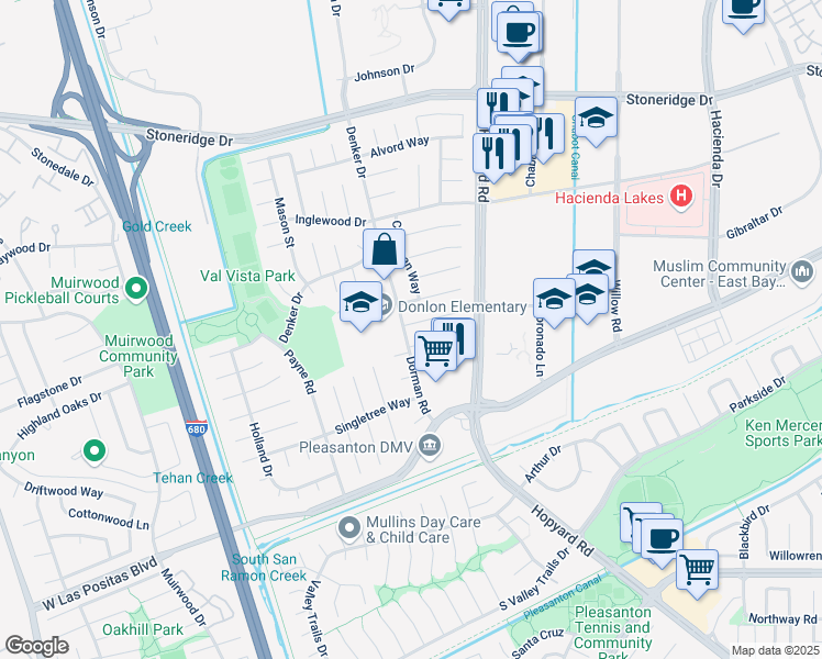 map of restaurants, bars, coffee shops, grocery stores, and more near 4127 Dorman Road in Pleasanton