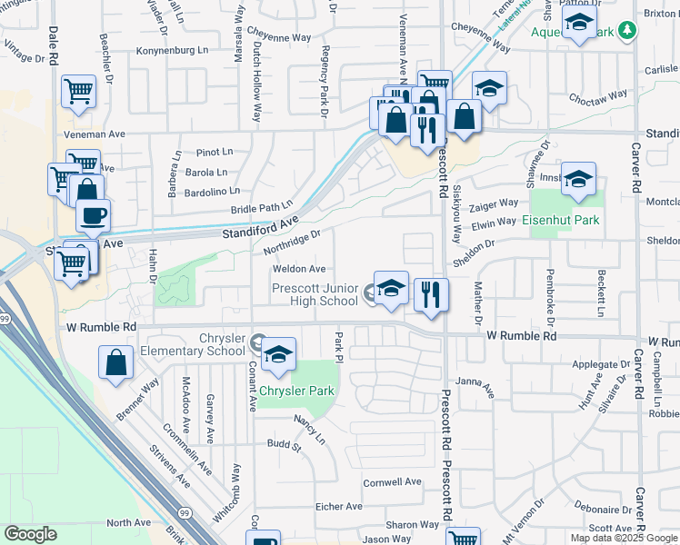 map of restaurants, bars, coffee shops, grocery stores, and more near 3040 Maplenut Avenue in Modesto