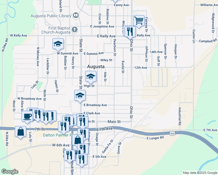 map of restaurants, bars, coffee shops, grocery stores, and more near 220 High Street in Augusta