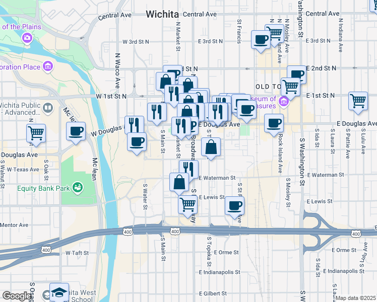 map of restaurants, bars, coffee shops, grocery stores, and more near 221 South Broadway in Wichita