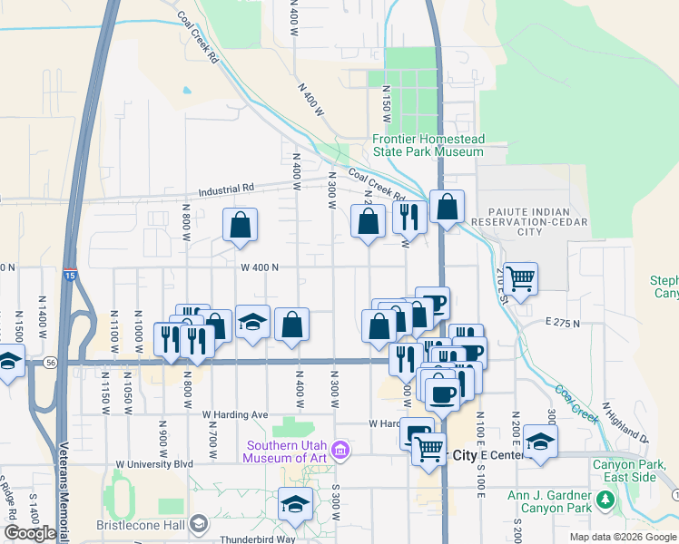 map of restaurants, bars, coffee shops, grocery stores, and more near 398 North 300 West in Cedar City