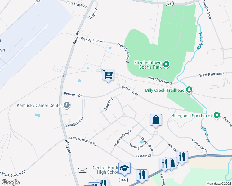 map of restaurants, bars, coffee shops, grocery stores, and more near 432-786 Peterson Drive in Elizabethtown