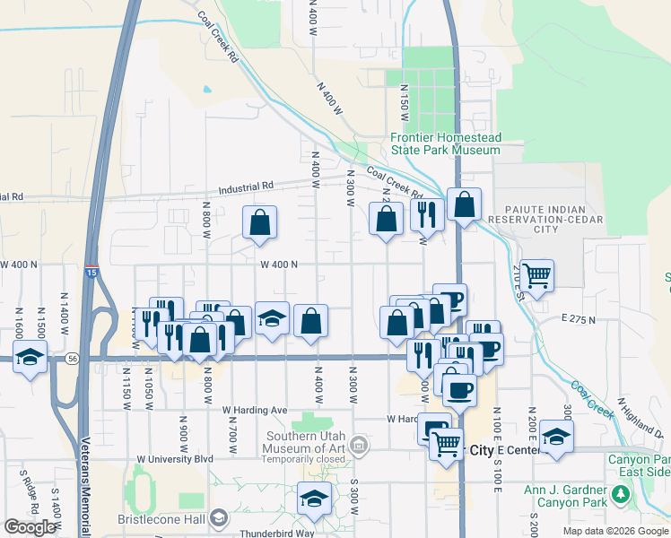 map of restaurants, bars, coffee shops, grocery stores, and more near 345 West 400 North in Cedar City