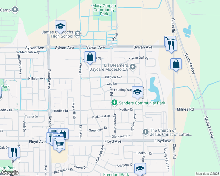 map of restaurants, bars, coffee shops, grocery stores, and more near 3408 Kee Lane in Modesto