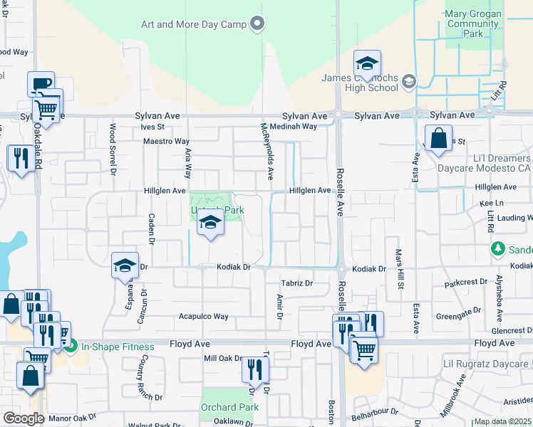 map of restaurants, bars, coffee shops, grocery stores, and more near 3140 Bramham Court in Modesto