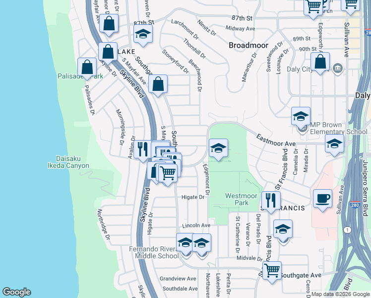 map of restaurants, bars, coffee shops, grocery stores, and more near 40 Baldwin Avenue in Daly City