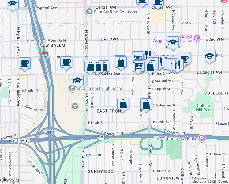 map of restaurants, bars, coffee shops, grocery stores, and more near 157 North Volutsia in Wichita