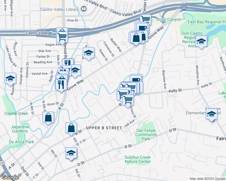 map of restaurants, bars, coffee shops, grocery stores, and more near 22438 Moyers Street in Castro Valley