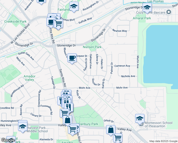 map of restaurants, bars, coffee shops, grocery stores, and more near 2220 Oakland Avenue in Pleasanton