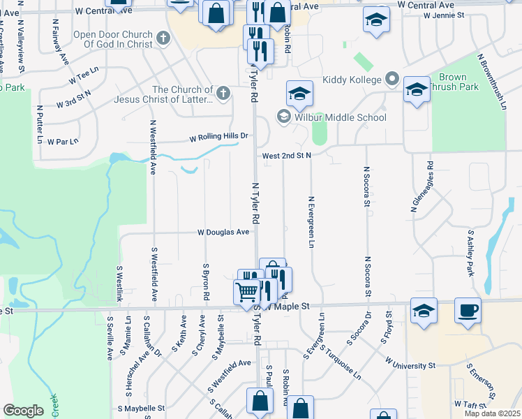 map of restaurants, bars, coffee shops, grocery stores, and more near 143 North Tyler Road in Wichita