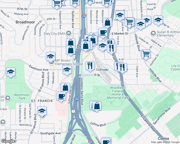 map of restaurants, bars, coffee shops, grocery stores, and more near 139 Mabuhay Way in Daly City