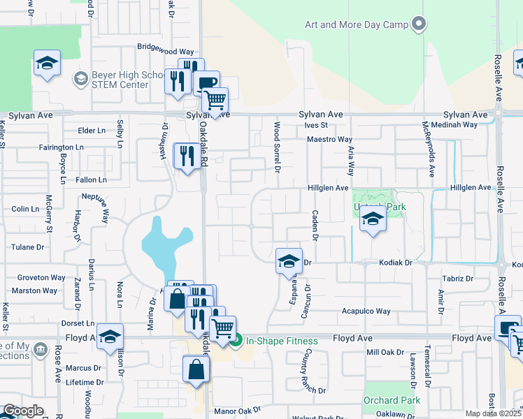 map of restaurants, bars, coffee shops, grocery stores, and more near 2309 Kaslin Drive in Modesto