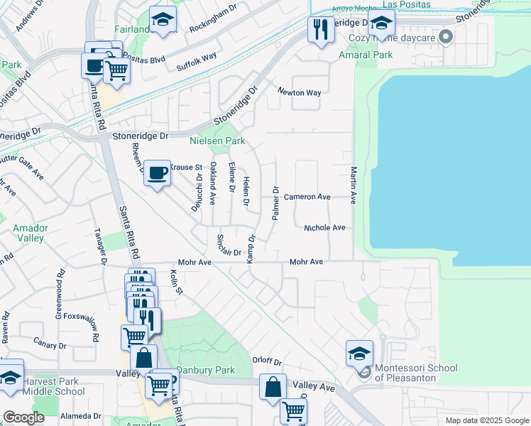 map of restaurants, bars, coffee shops, grocery stores, and more near 1964 Palmer Drive in Pleasanton