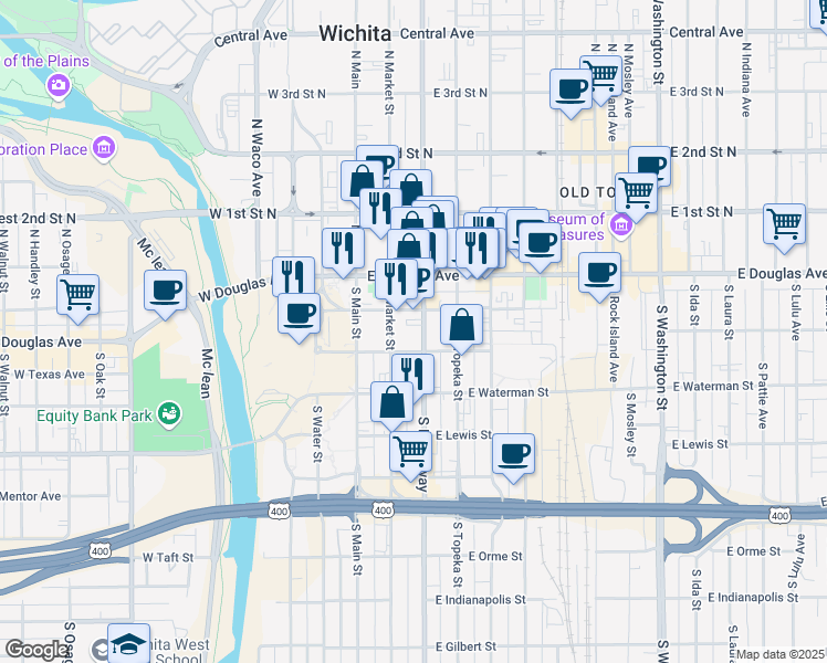 map of restaurants, bars, coffee shops, grocery stores, and more near 221 South Broadway in Wichita