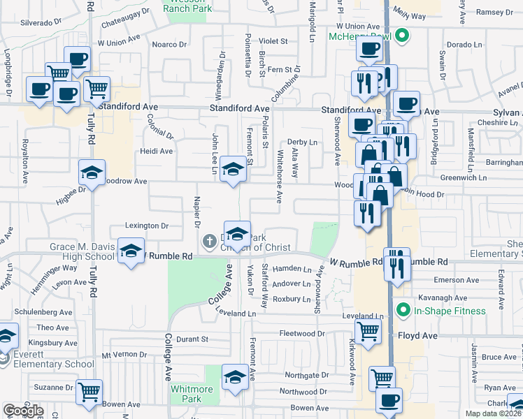 map of restaurants, bars, coffee shops, grocery stores, and more near 702 Anchorage Avenue in Modesto